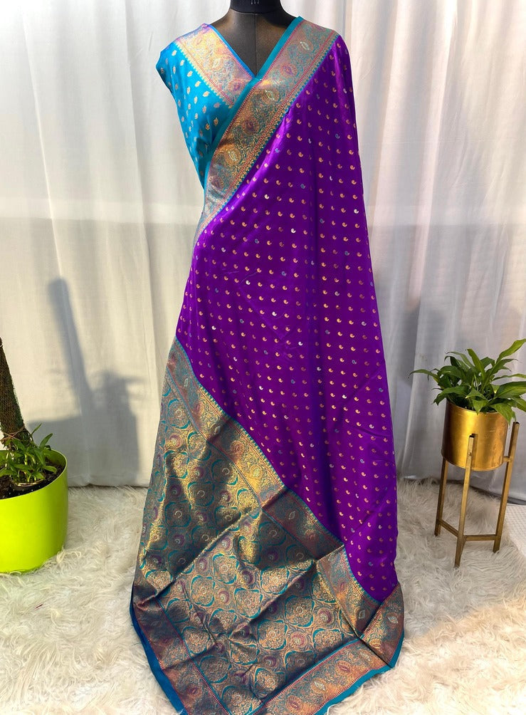 Bucolic Purple Soft Banarasi Silk Saree With Eloquence Blouse Piece