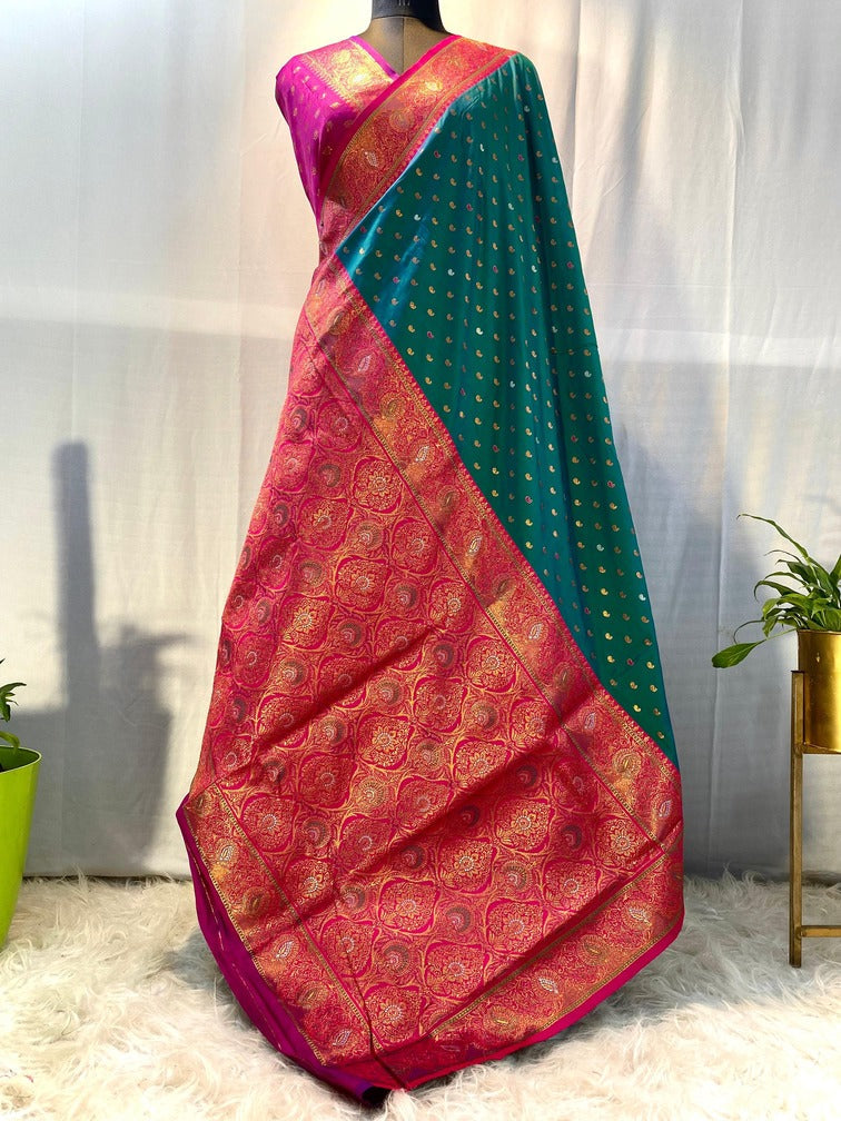 Evanescent Rama Soft Banarasi Silk Saree With Petrichor Blouse Piece