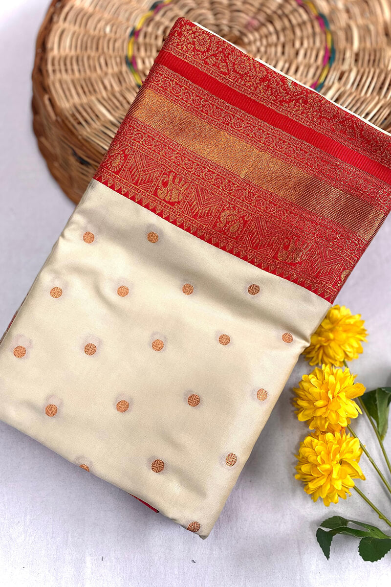 Excellent Beige Soft Banarasi Silk Saree With Demesne Blouse Piece