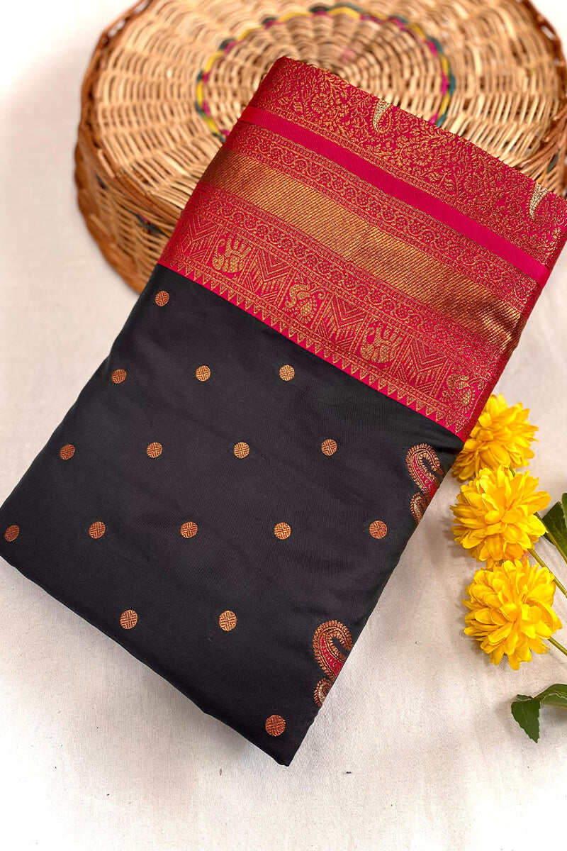 Evocative Black Soft Banarasi Silk Saree With Panoply Blouse Piece