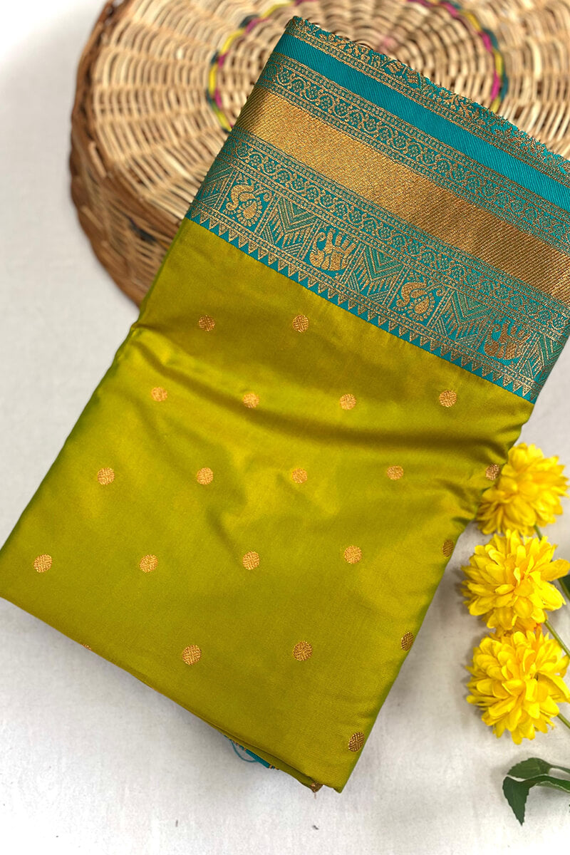 Lissome Mehndi Soft Banarasi Silk Saree With Effervescent Blouse Piece