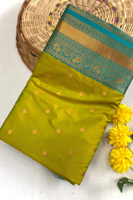 Lissome Mehndi Soft Banarasi Silk Saree With Effervescent Blouse Piece