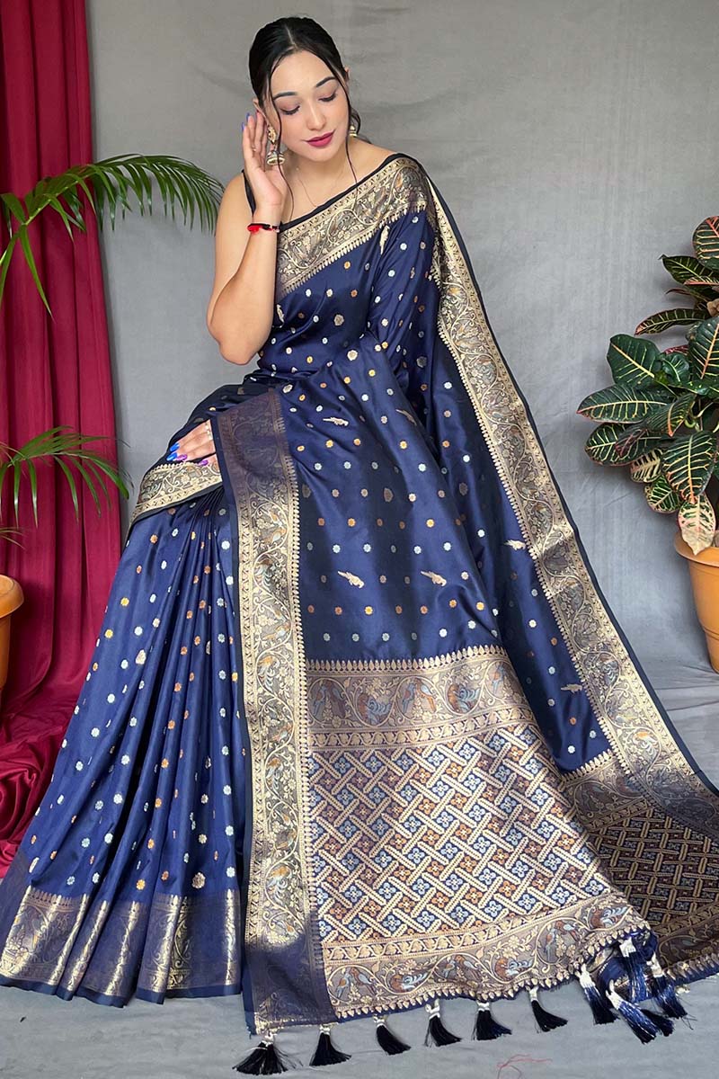 Luxuriant Navy Blue Soft Banarasi Silk Saree With Exemplary Blouse Piece