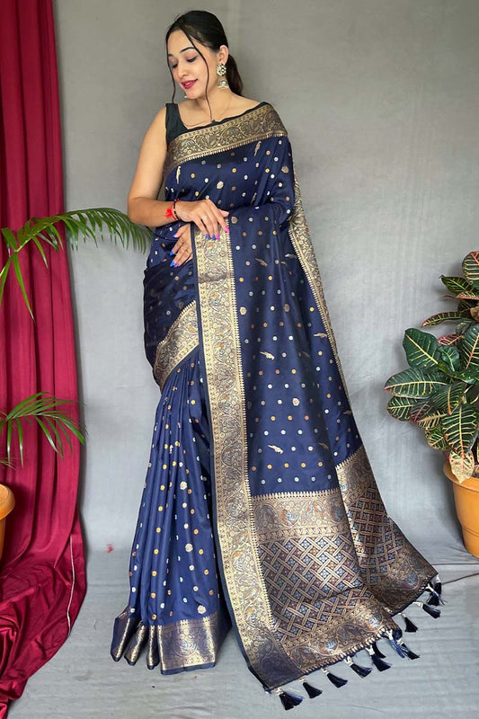 Luxuriant Navy Blue Soft Banarasi Silk Saree With Exemplary Blouse Piece