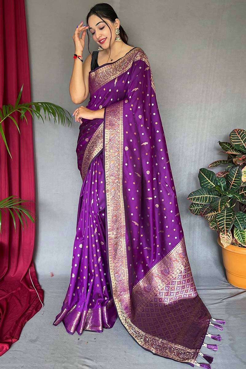 Elaborate Purple Soft Banarasi Silk Saree With Scintillating Blouse Piece