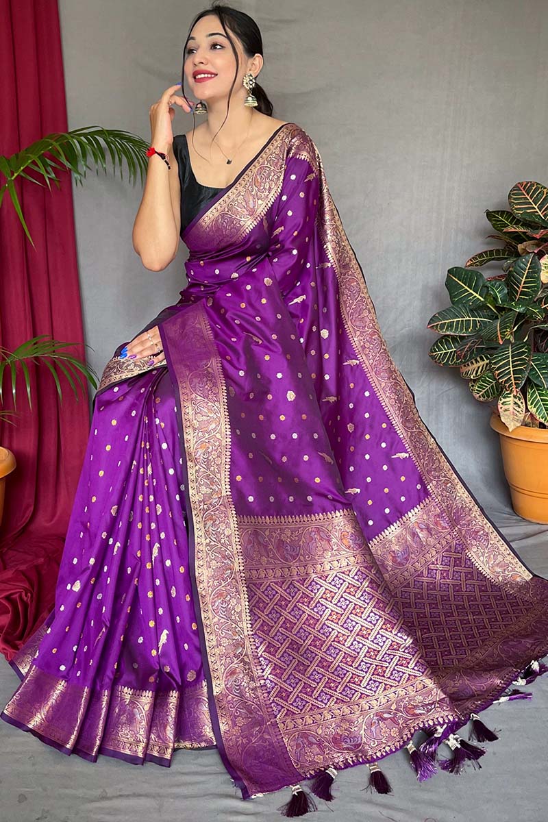 Elaborate Purple Soft Banarasi Silk Saree With Scintillating Blouse Piece