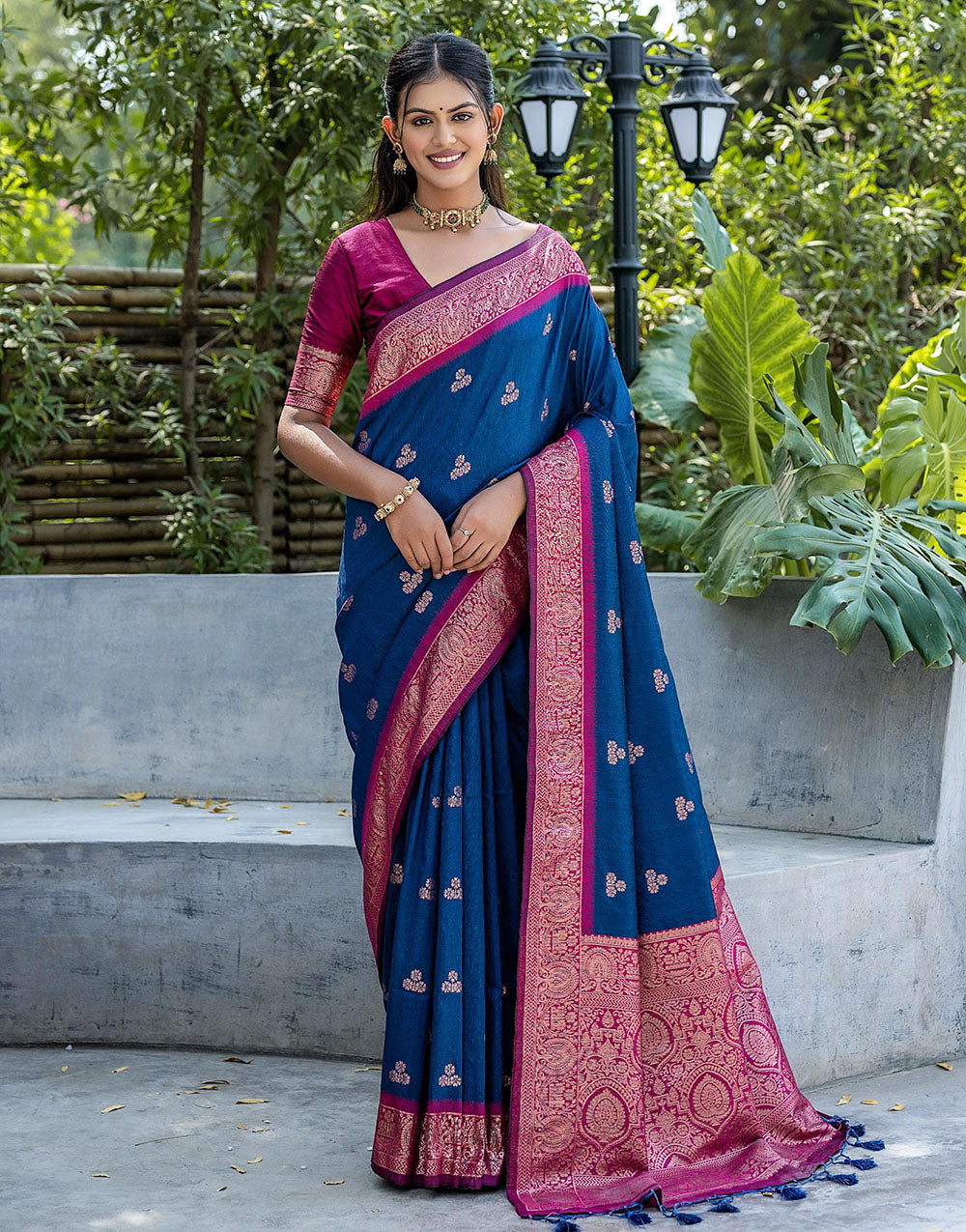 Cobalt Blue Floral Butti Banarasi Silk Saree With Zari Weaving Work