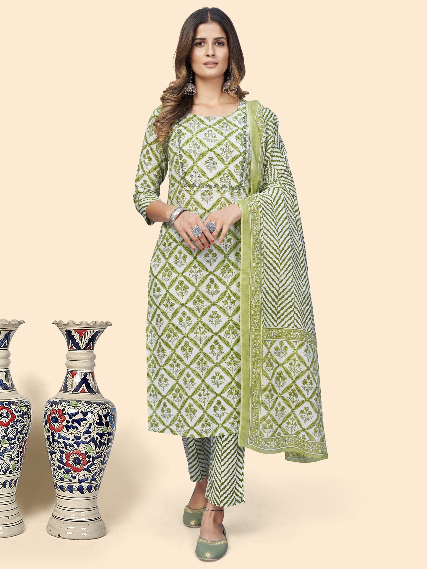 Green Cotton Straight Kurta Pant With Dupatta