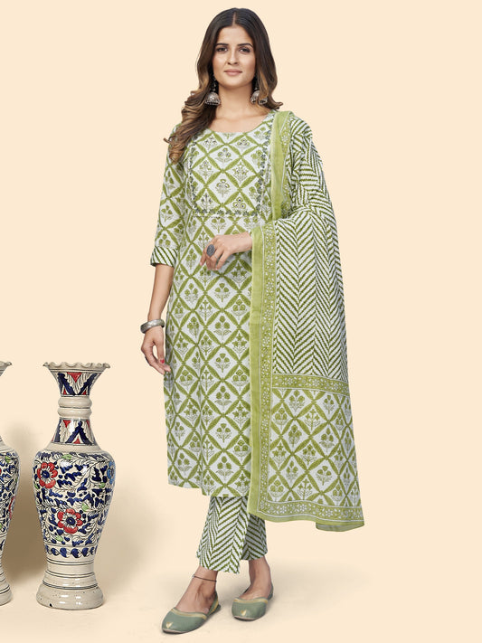 Green Cotton Straight Kurta Pant With Dupatta