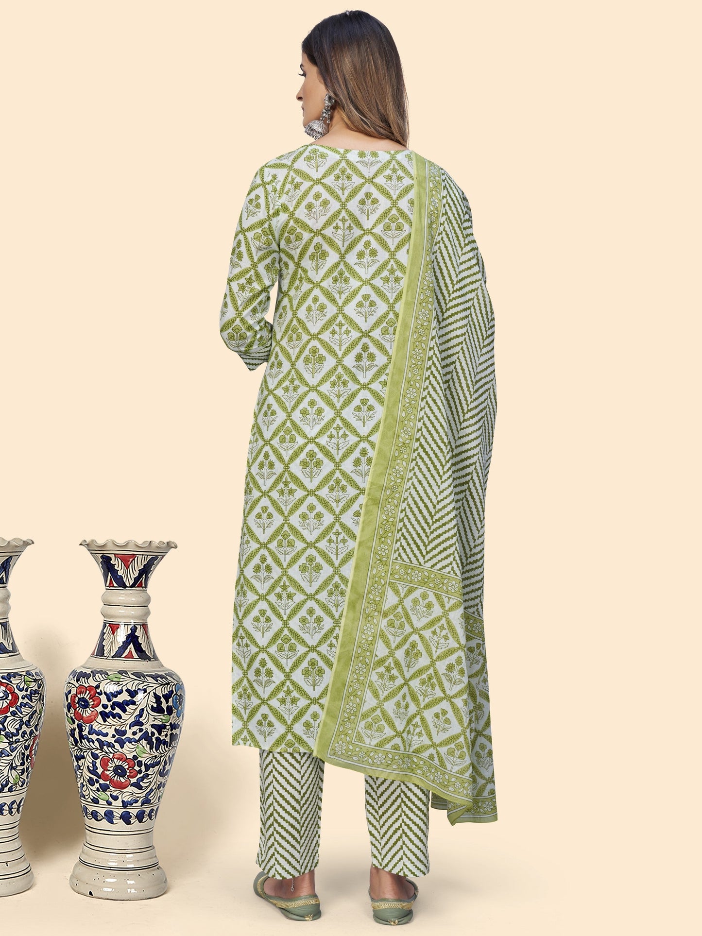 Green Cotton Straight Kurta Pant With Dupatta