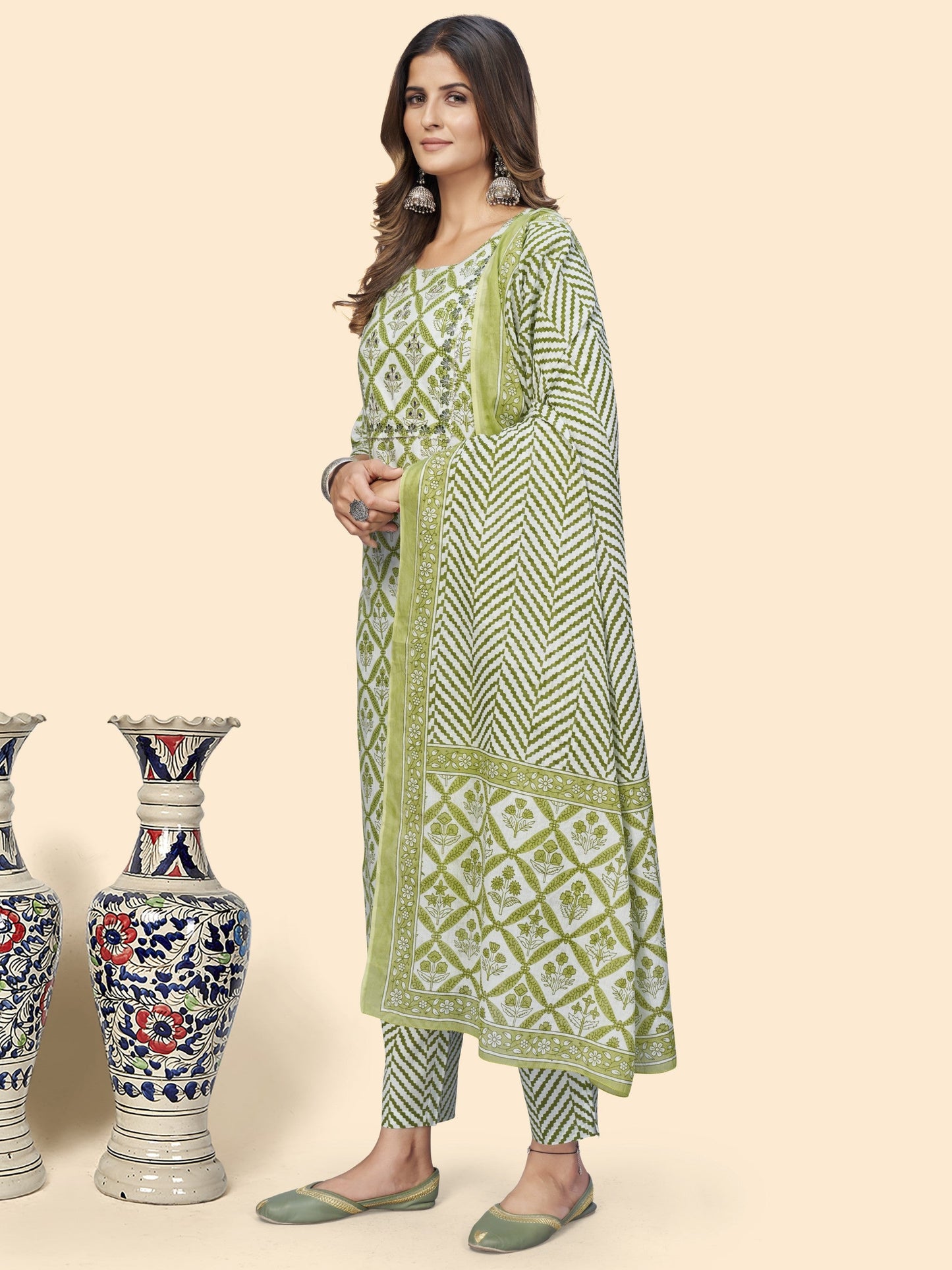 Green Cotton Straight Kurta Pant With Dupatta