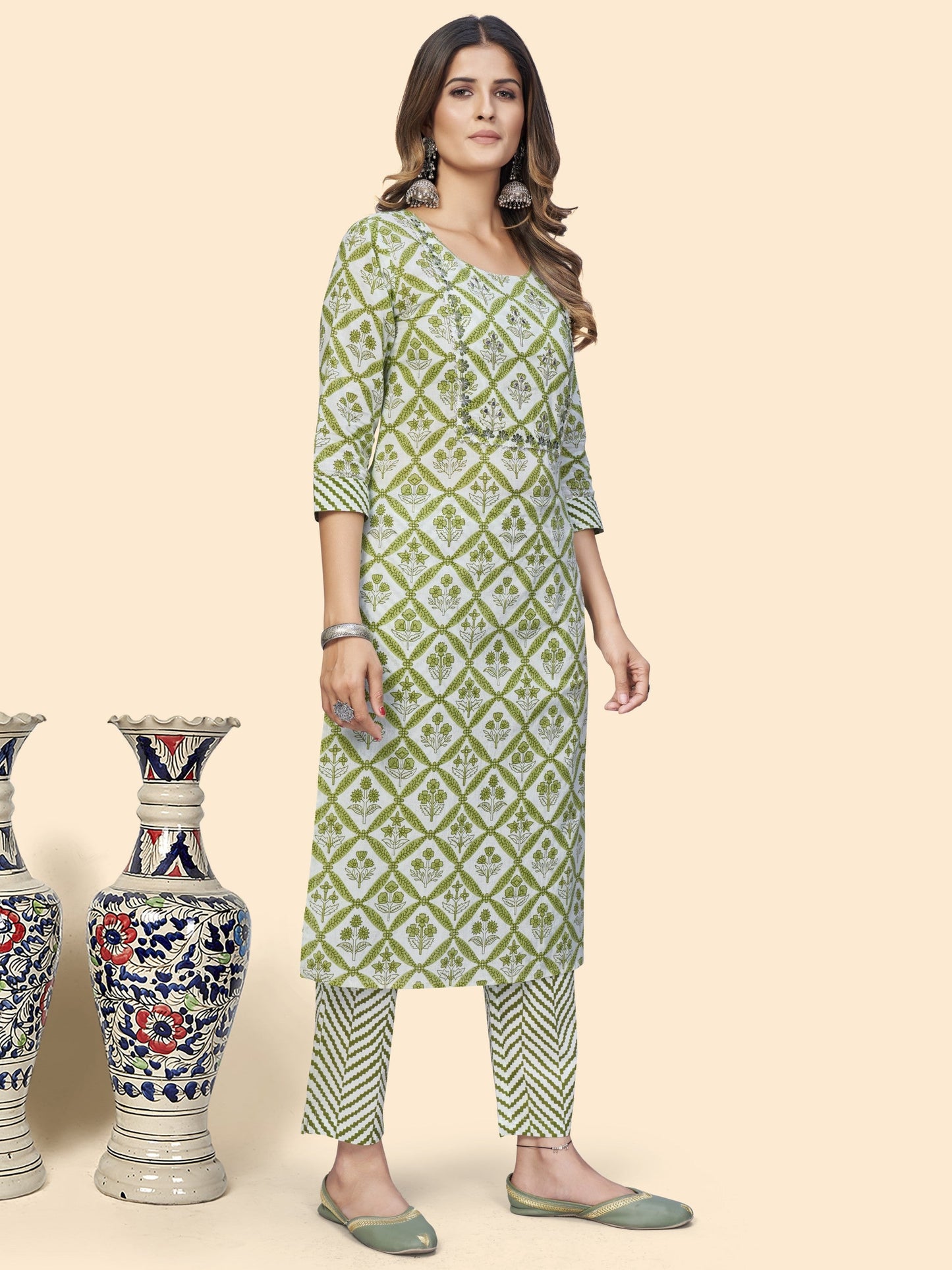 Green Cotton Straight Kurta Pant With Dupatta