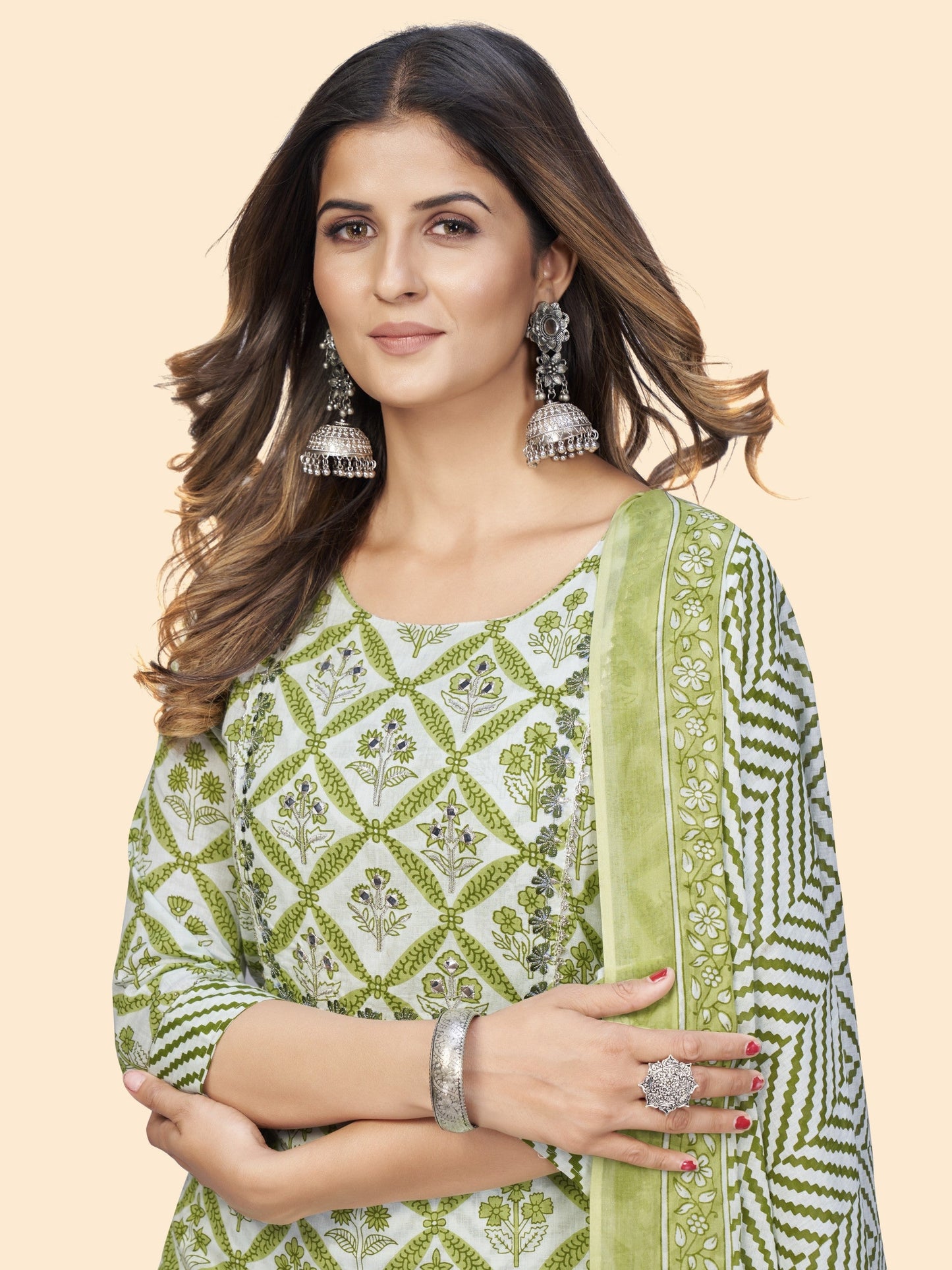 Green Cotton Straight Kurta Pant With Dupatta