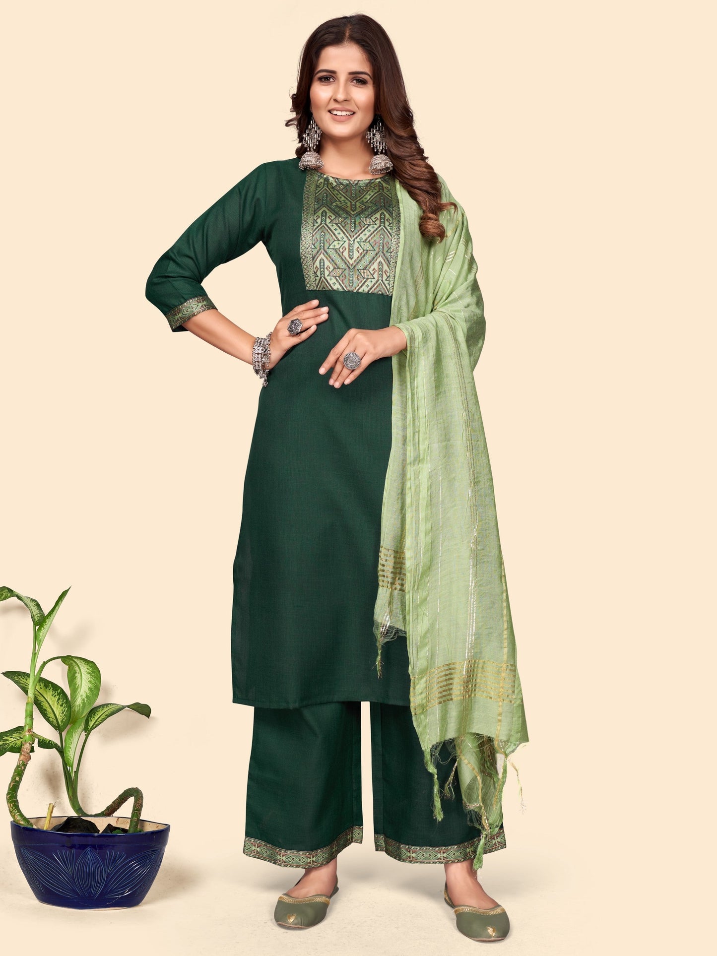 Green Cotton Blend Straight Kurta Palazzo With Dupatta