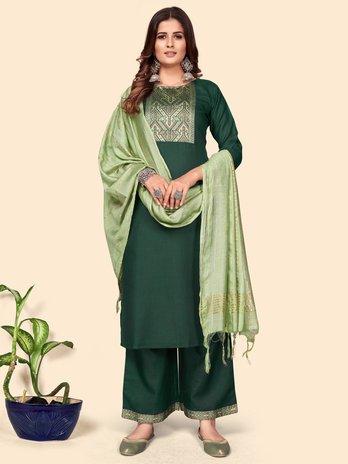 Green Cotton Blend Straight Kurta Palazzo With Dupatta