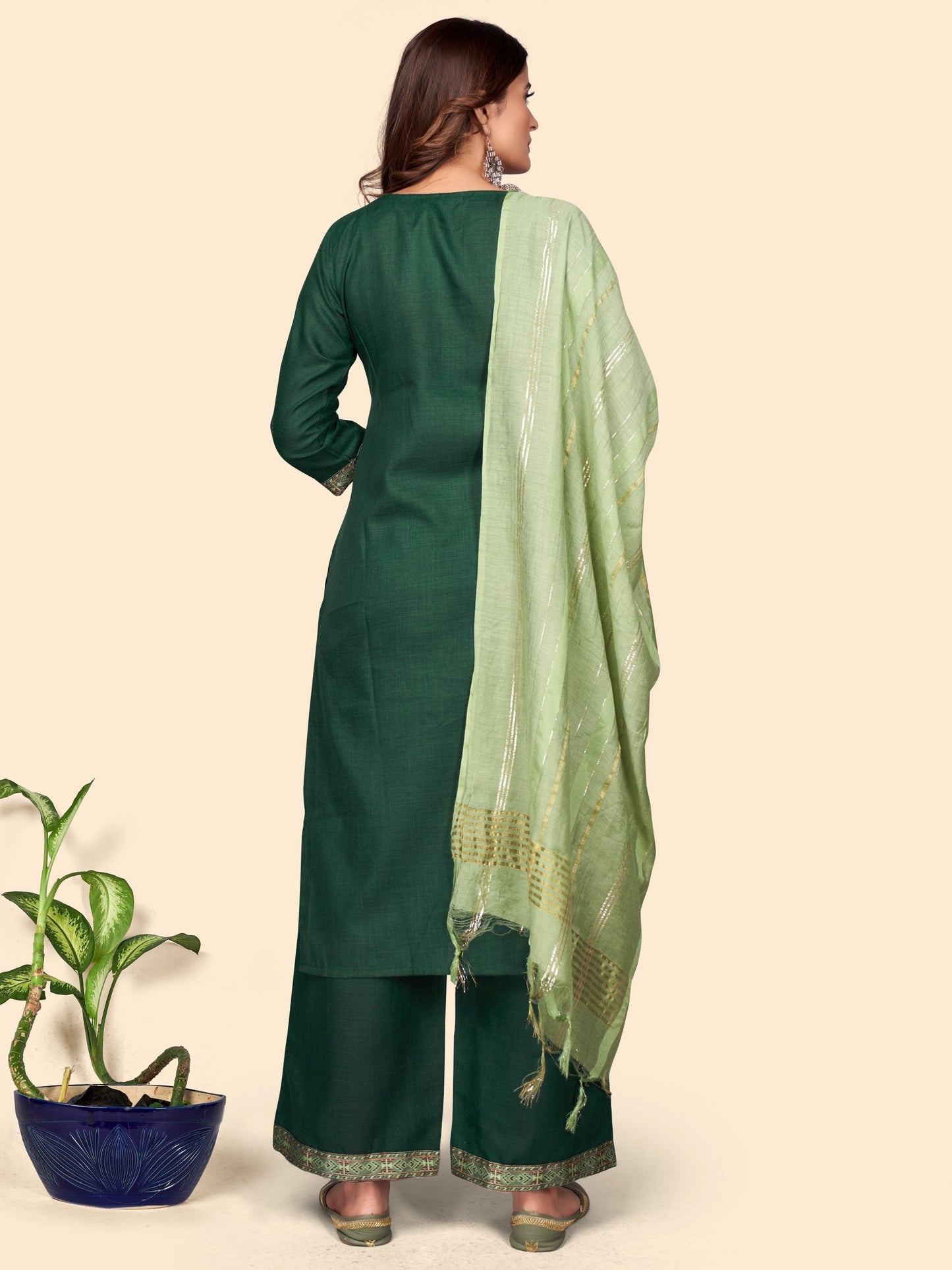 Green Cotton Blend Straight Kurta Palazzo With Dupatta