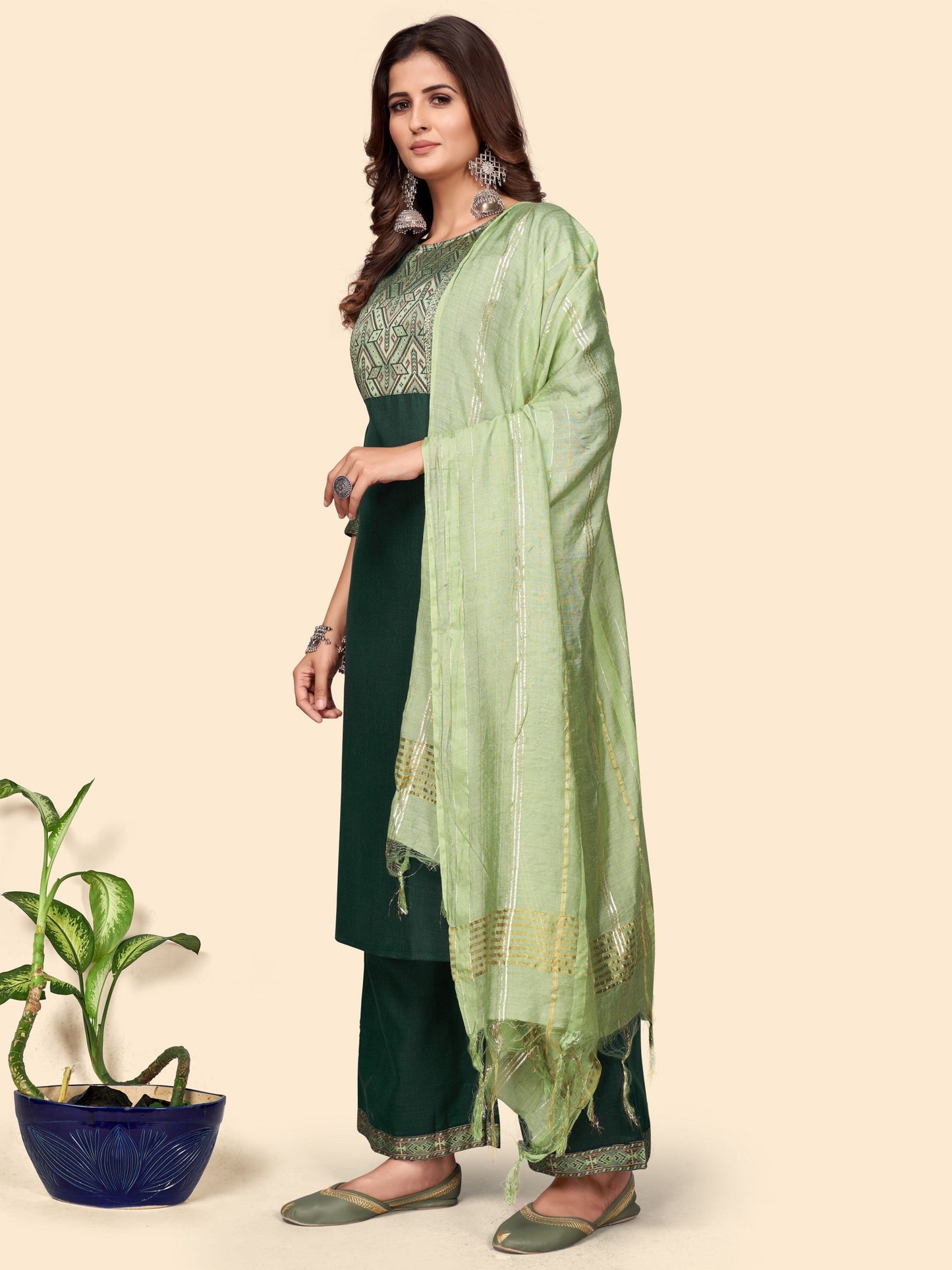 Green Cotton Blend Straight Kurta Palazzo With Dupatta