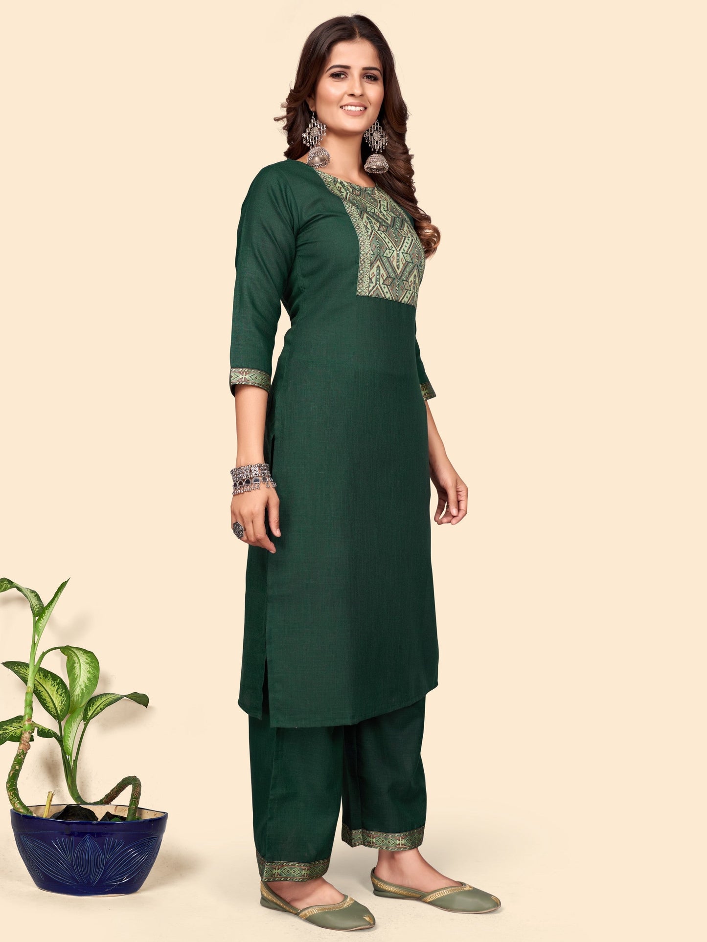 Green Cotton Blend Straight Kurta Palazzo With Dupatta