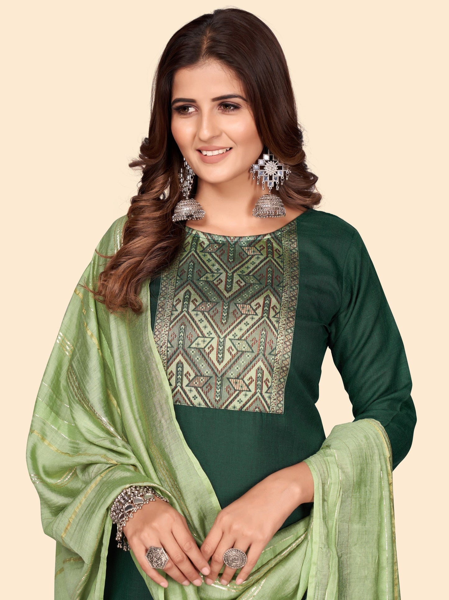 Green Cotton Blend Straight Kurta Palazzo With Dupatta