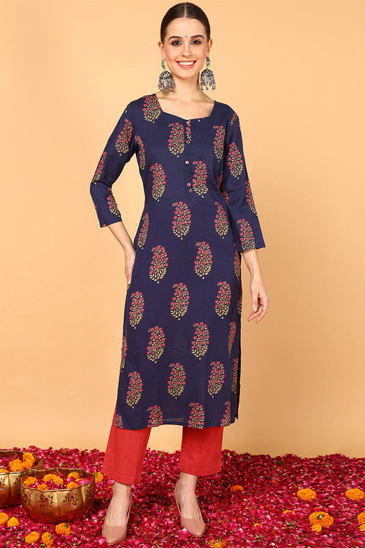 Fancy Occasion Wear Navy Blue Cotton Kurti VCK1395