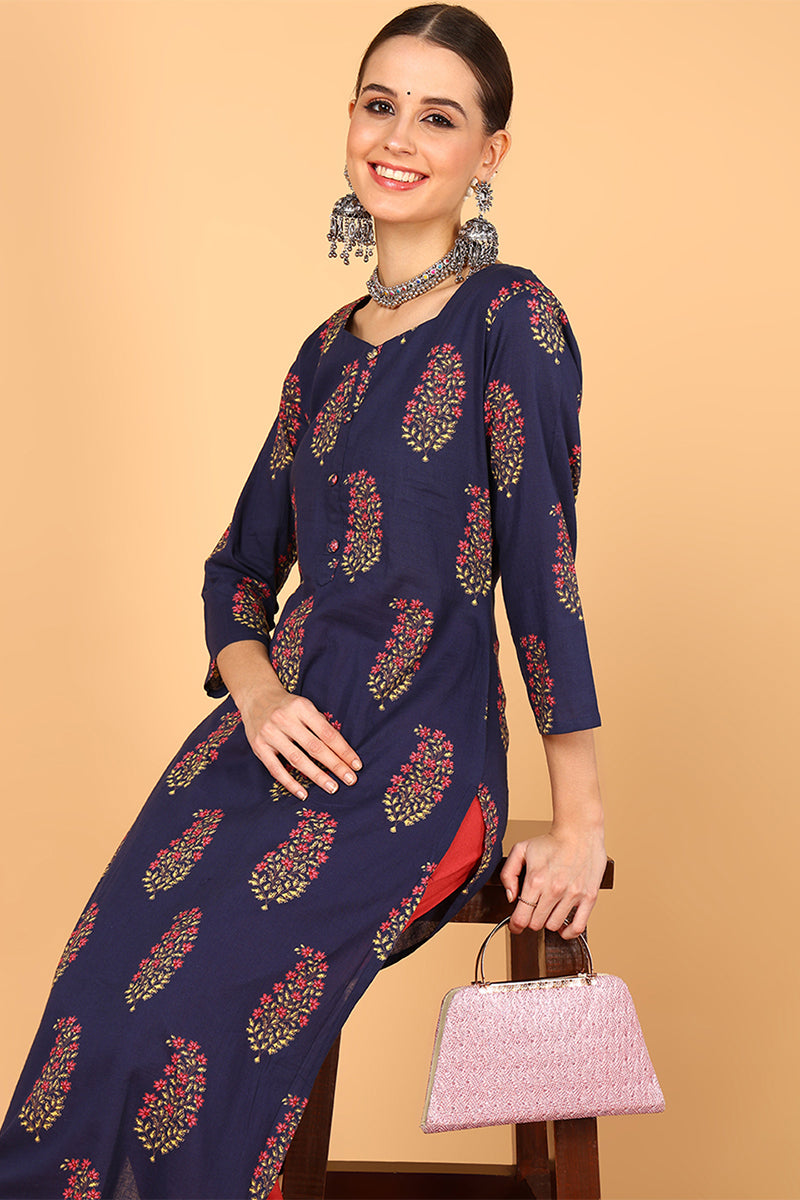 Fancy Occasion Wear Navy Blue Cotton Kurti VCK1395