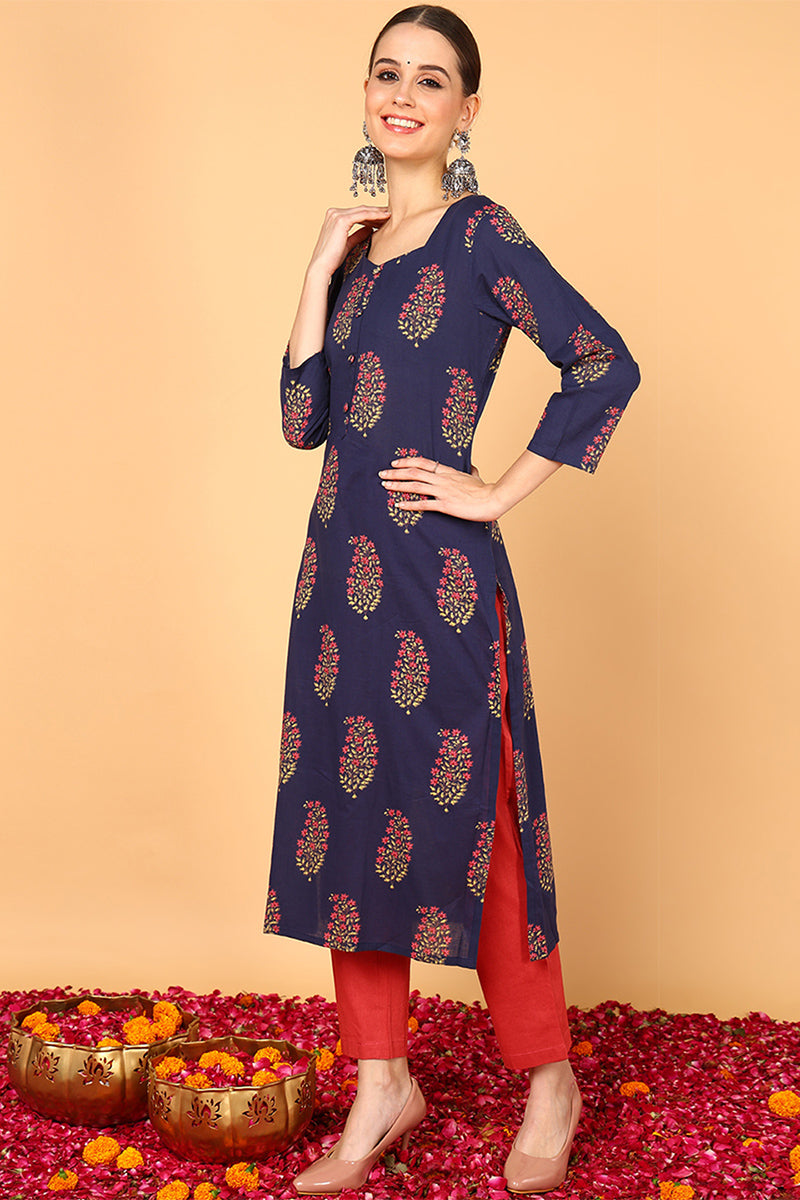 Fancy Occasion Wear Navy Blue Cotton Kurti VCK1395