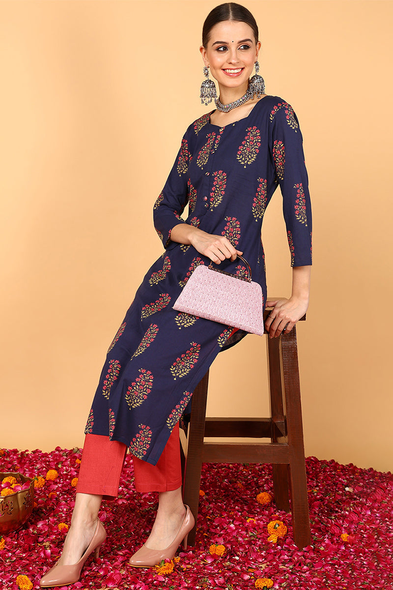 Fancy Occasion Wear Navy Blue Cotton Kurti VCK1395