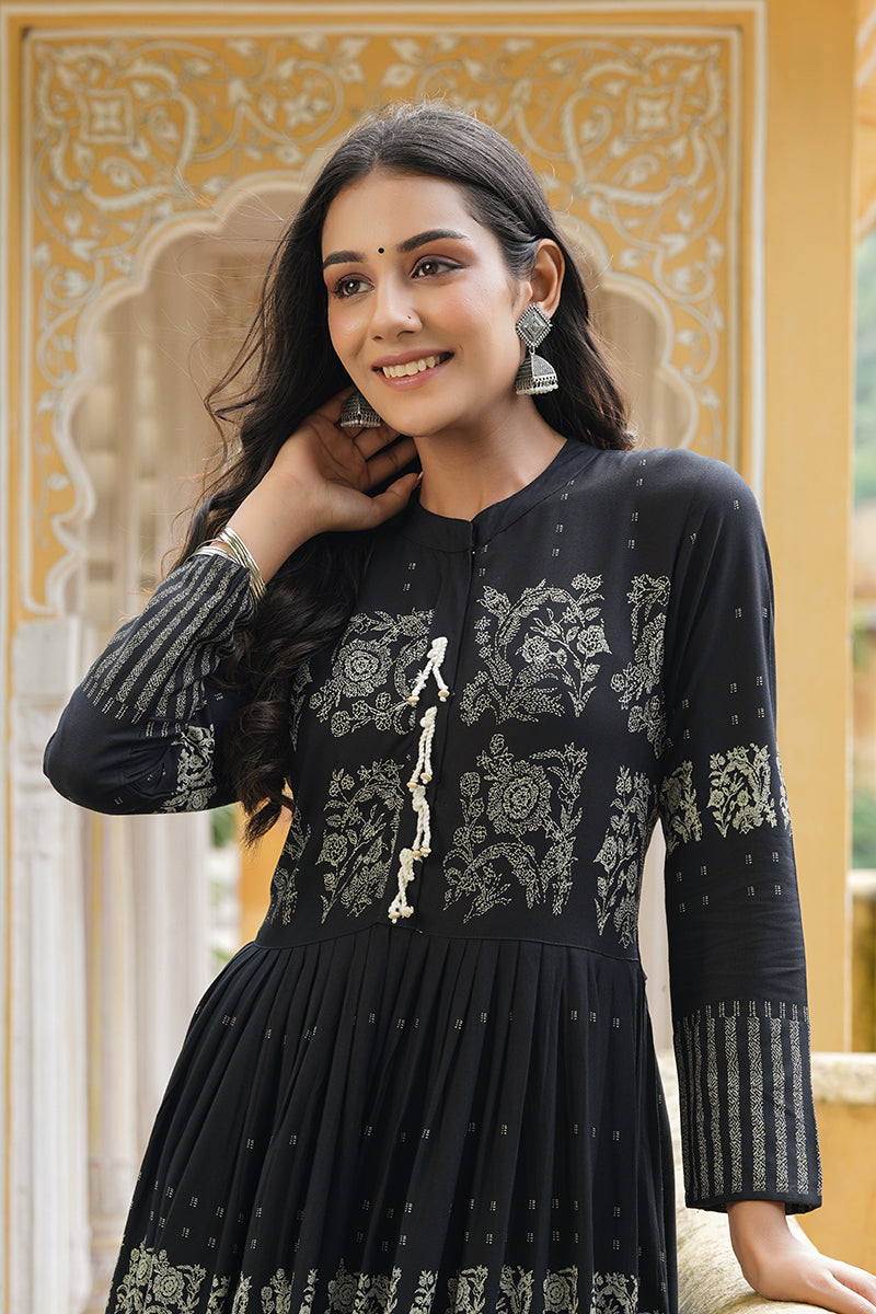 Black Cotton Anarkali Kurti VCK1536