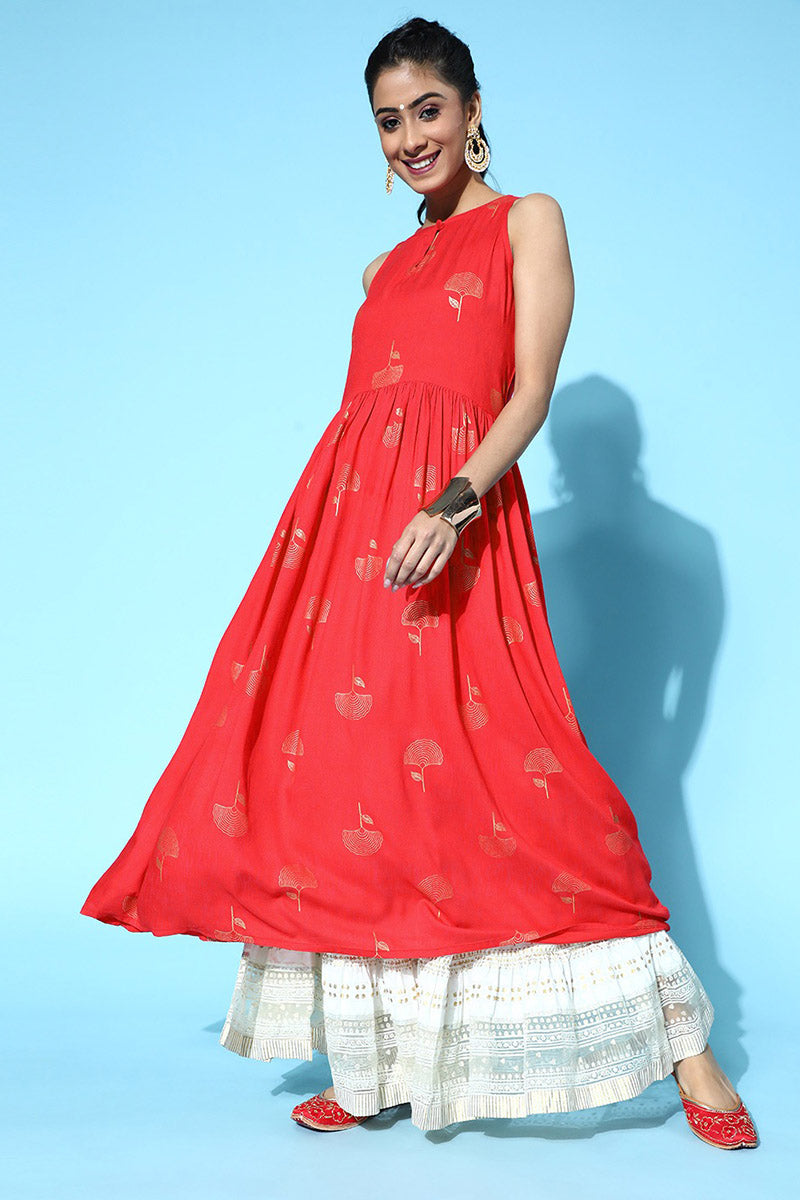 Attractive Red Cotton Ethnic Motifs Kurta Crafted with a flared - VCK8522