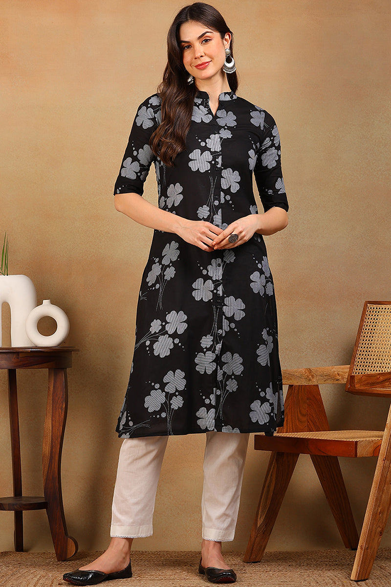 Black Cotton A-Line Kurta VCK8592