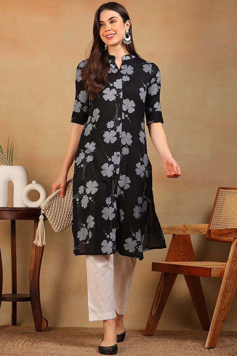 Black Cotton A-Line Kurta VCK8592