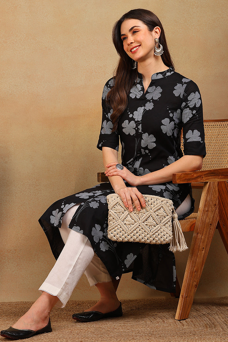 Black Cotton A-Line Kurta VCK8592