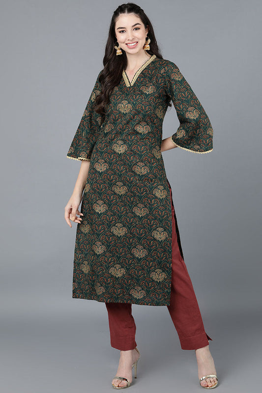 Green Cotton Straight Kurta VCK8602