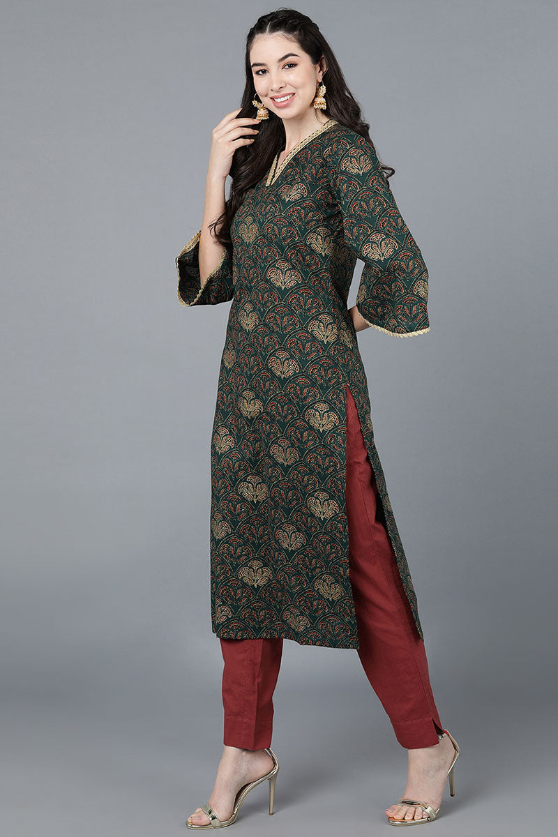 Green Cotton Straight Kurta VCK8602