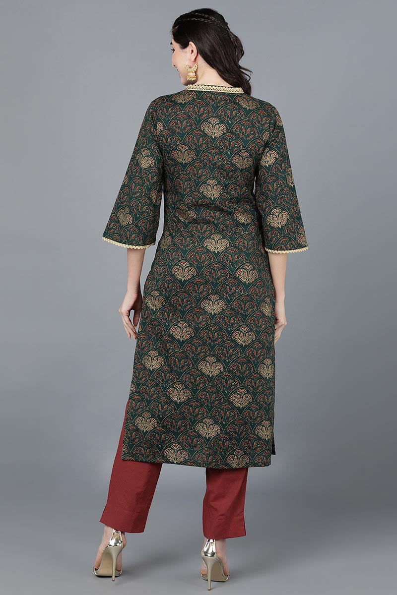 Green Cotton Straight Kurta VCK8602