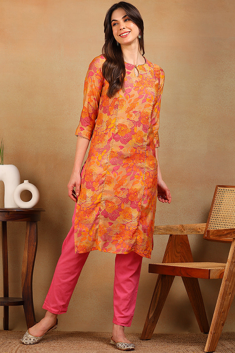 Beige & Orange Poly Silk Straight Kurta VCK8664