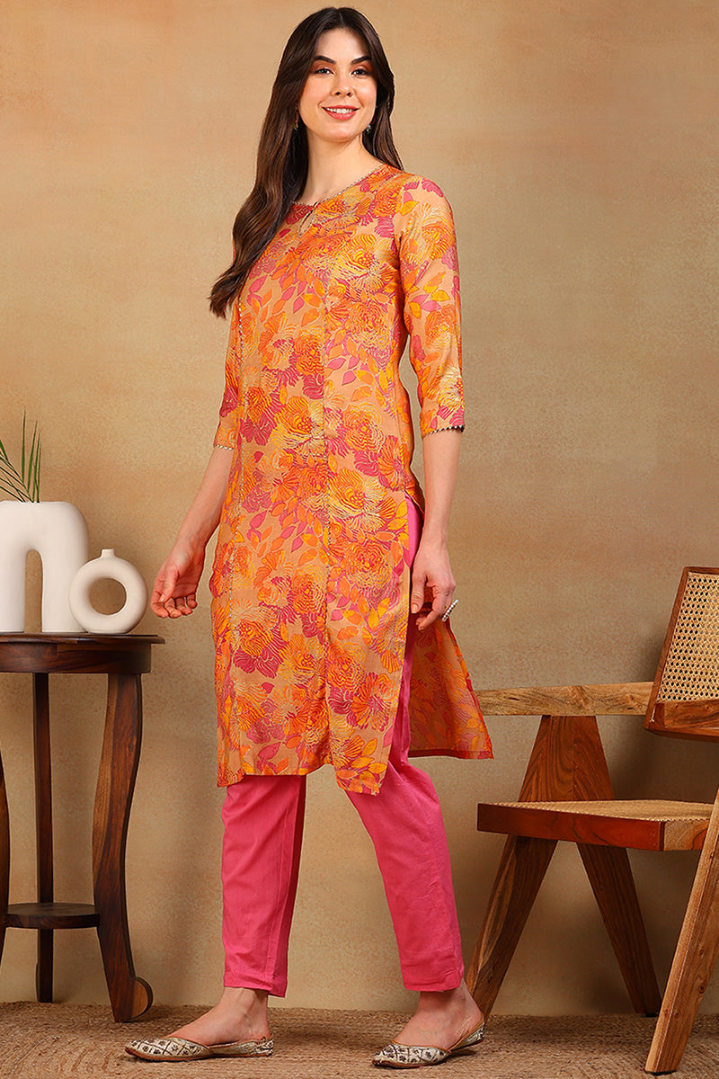 Beige & Orange Poly Silk Straight Kurta VCK8664