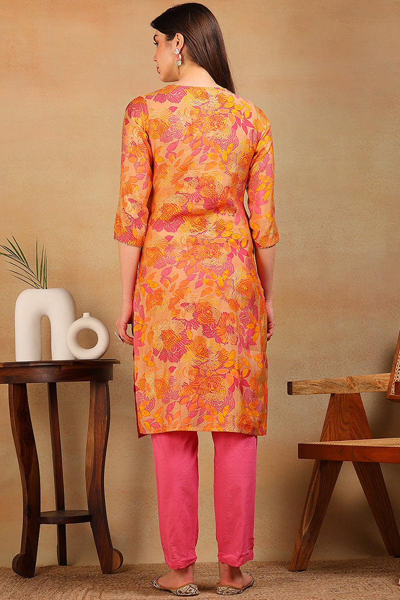 Beige & Orange Poly Silk Straight Kurta VCK8664