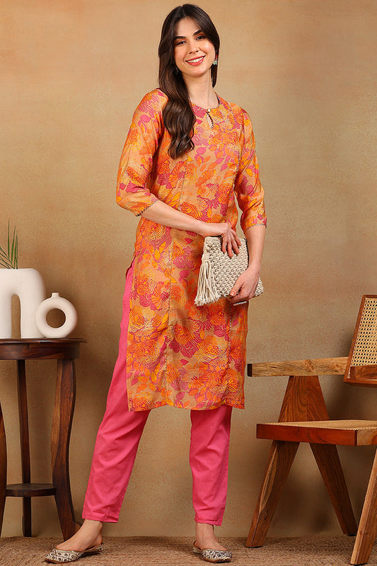 Beige & Orange Poly Silk Straight Kurta VCK8664