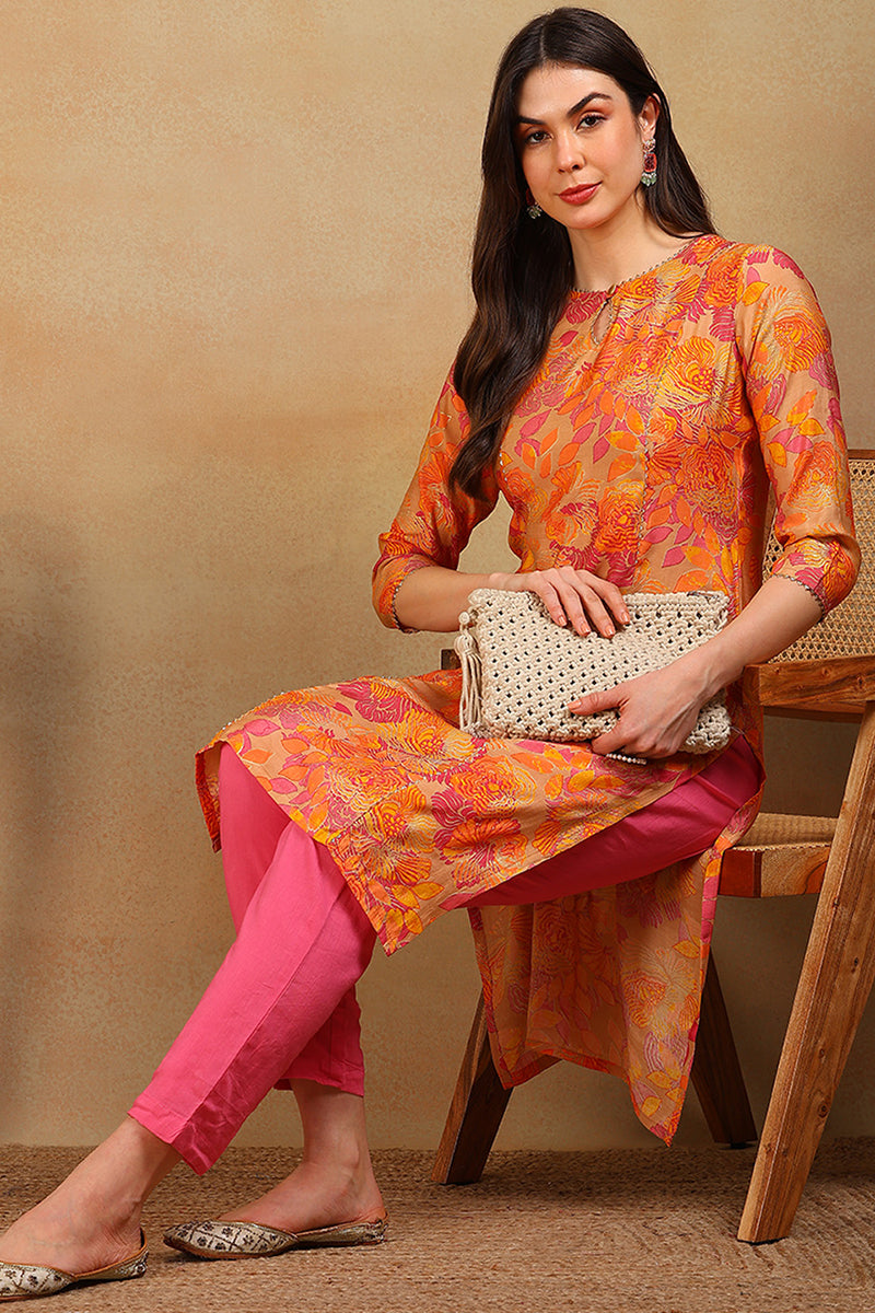 Beige & Orange Poly Silk Straight Kurta VCK8664