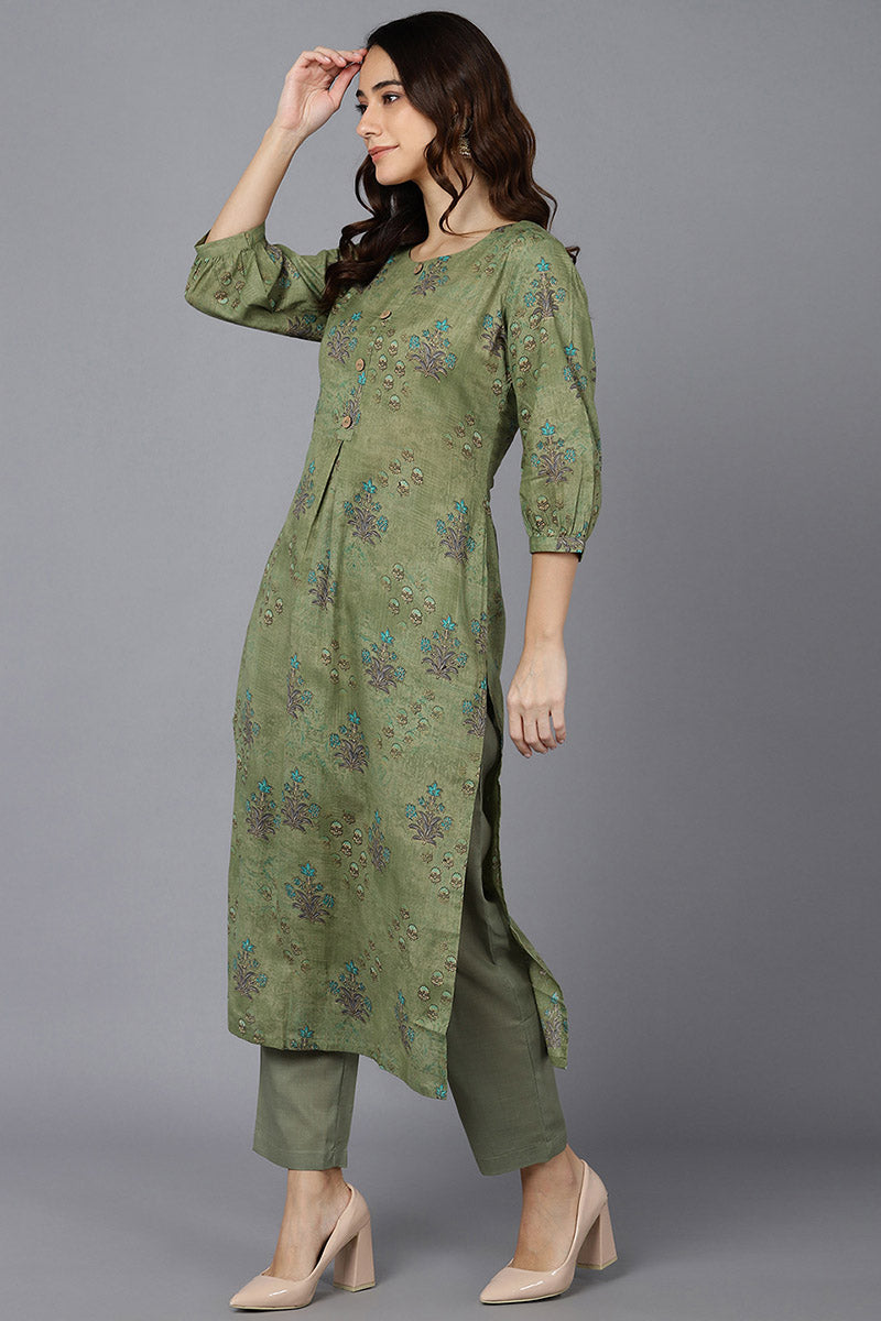 Green Cotton Straight Kurta VCK8669