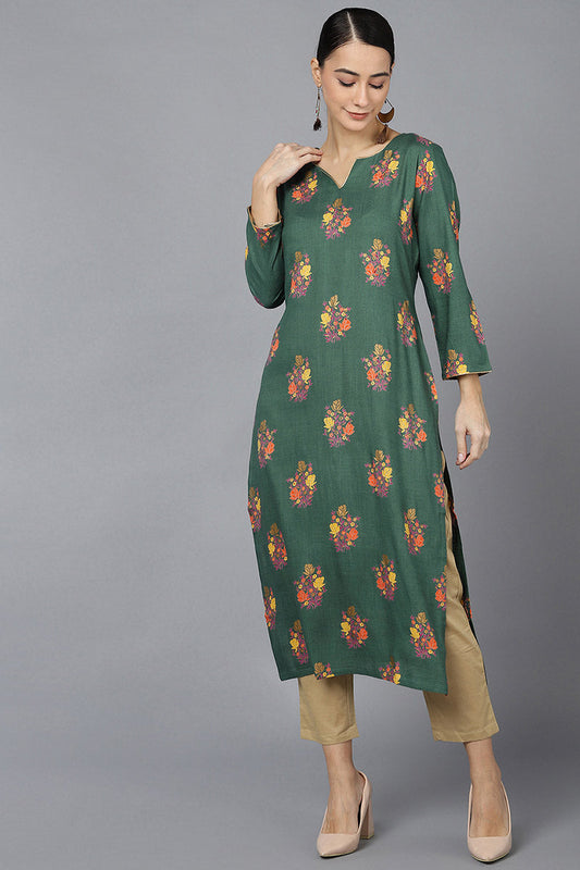 Green Cotton A-Line Kurta VCK8688