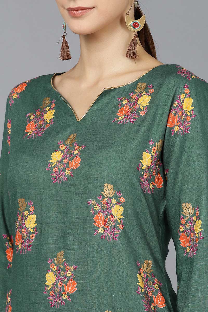 Green Cotton A-Line Kurta VCK8688