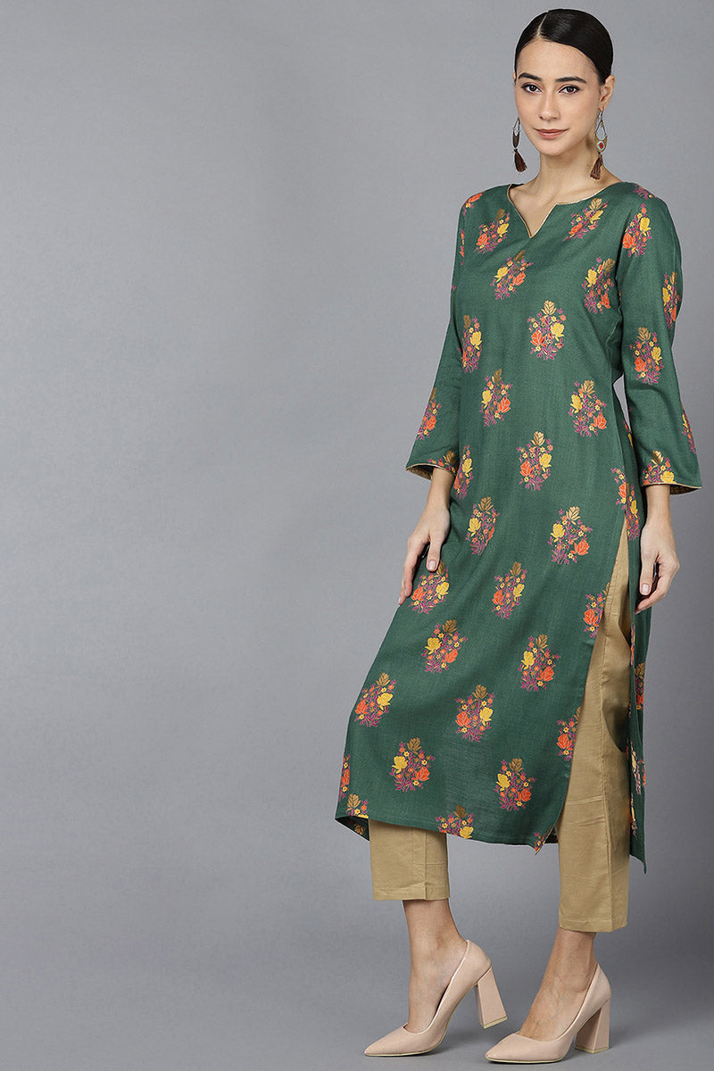 Green Cotton A-Line Kurta VCK8688