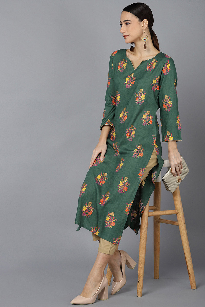 Green Cotton A-Line Kurta VCK8688