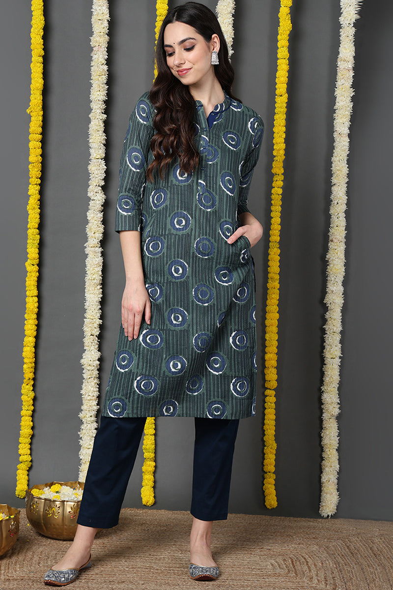 Green Cotton Straight Kurta VCK8694