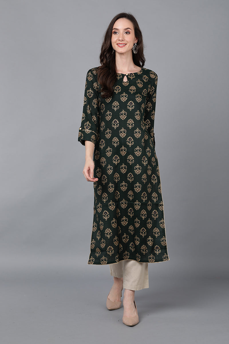 Green Cotton Ethnic Motifs Straight Kurta VCK8748