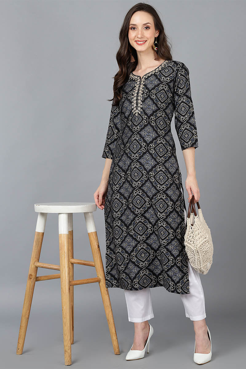 Black Cotton Blend Straight Kurta VCK8766