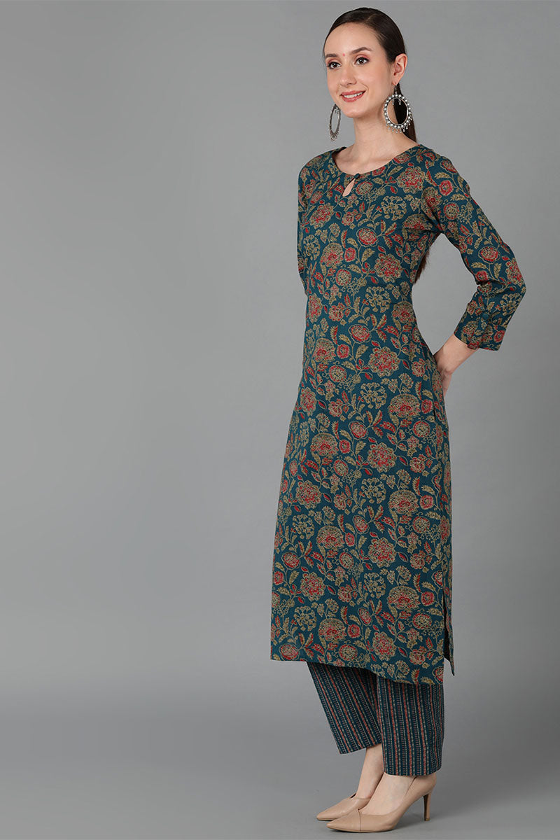 Green Cotton Straight Kurta VCK8879