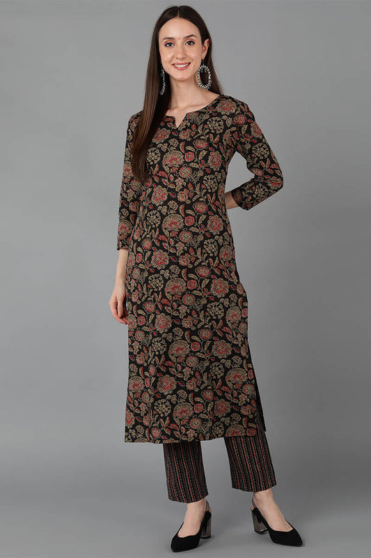 Black Cotton Straight Kurta VCK8884